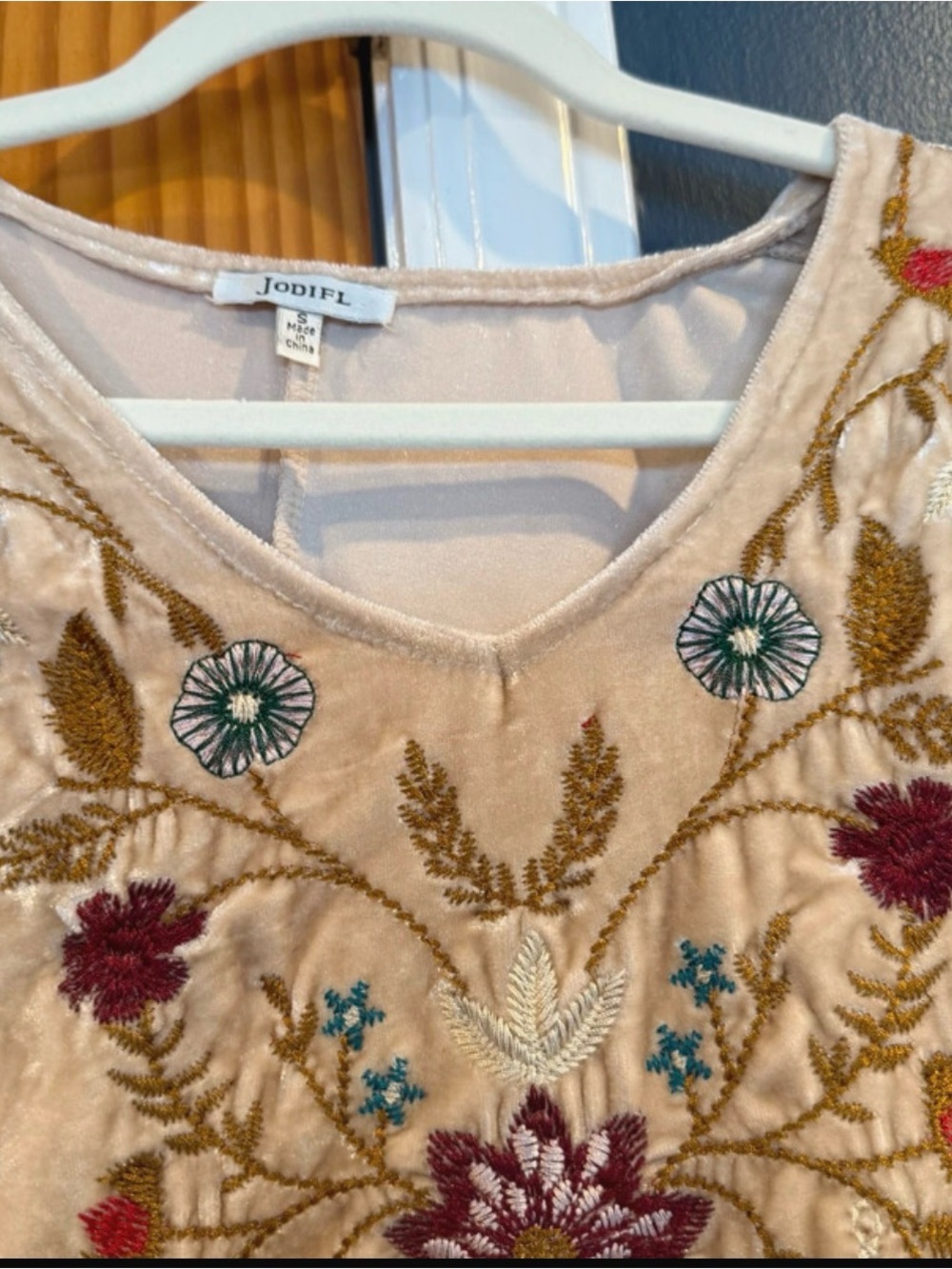 JODIFL Beige Embroidered V-Neck Tunic with Multicolor Floral Stitching